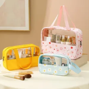 3-piece transparent macaron color printed makeup bag, wash bag, storage bag Travel Organizer Water-resistant Translucent Purse for Women and Girls (Pink Butterfly Flower)