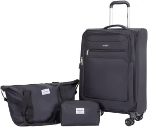 3-Piece Travel Set (18" Carry-On   Backpack   Toiletry Bag) - Lightweight Terylene Softshell Luggage with Spinner Wheels - Airline Approved Underseat Suitcase (Black   Polyester)