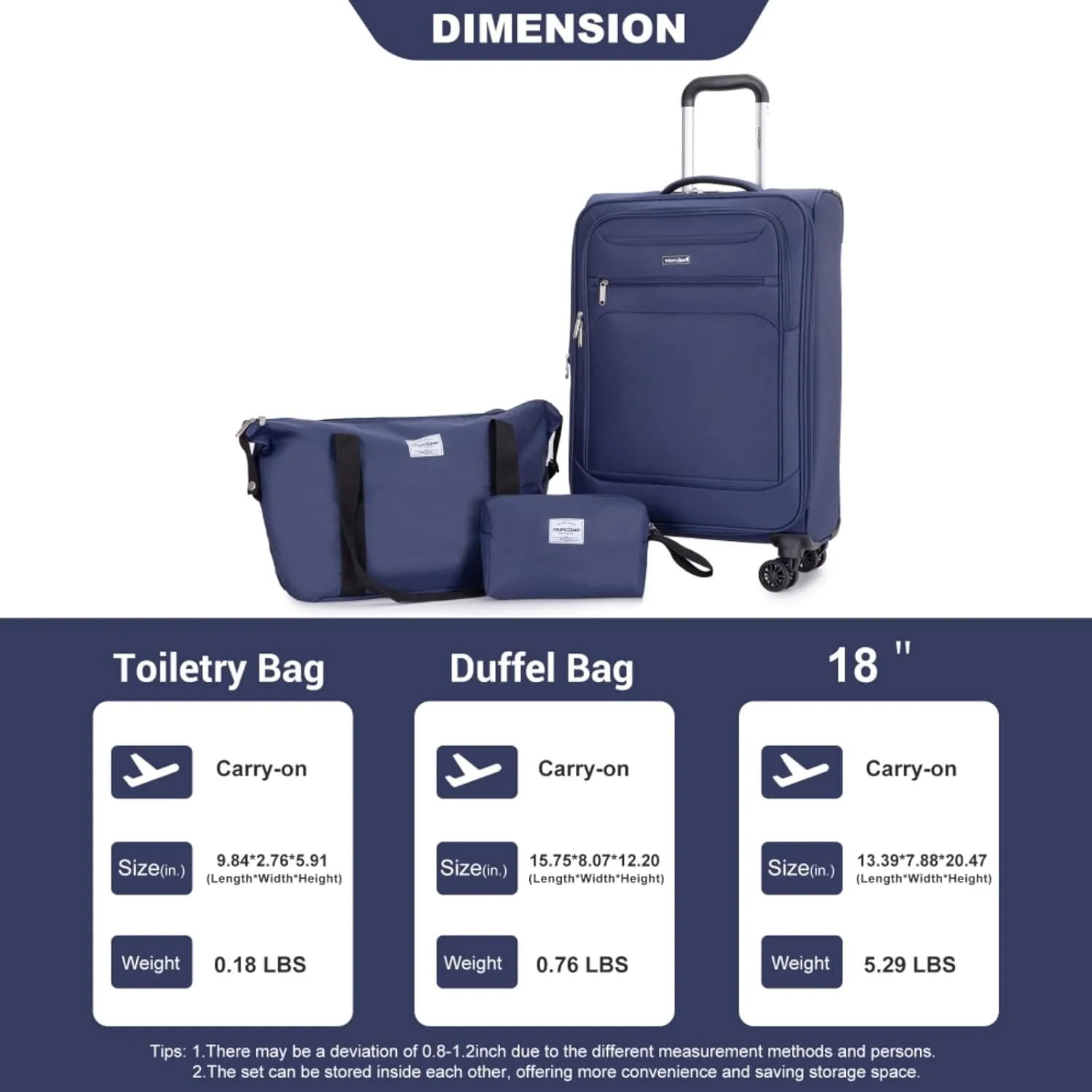3-Piece Travel Set (18" Carry-On   Backpack   Toiletry Bag) - Lightweight Terylene Softshell Luggage with Spinner Wheels - Airline Approved Underseat Suitcase (Black   Polyester)