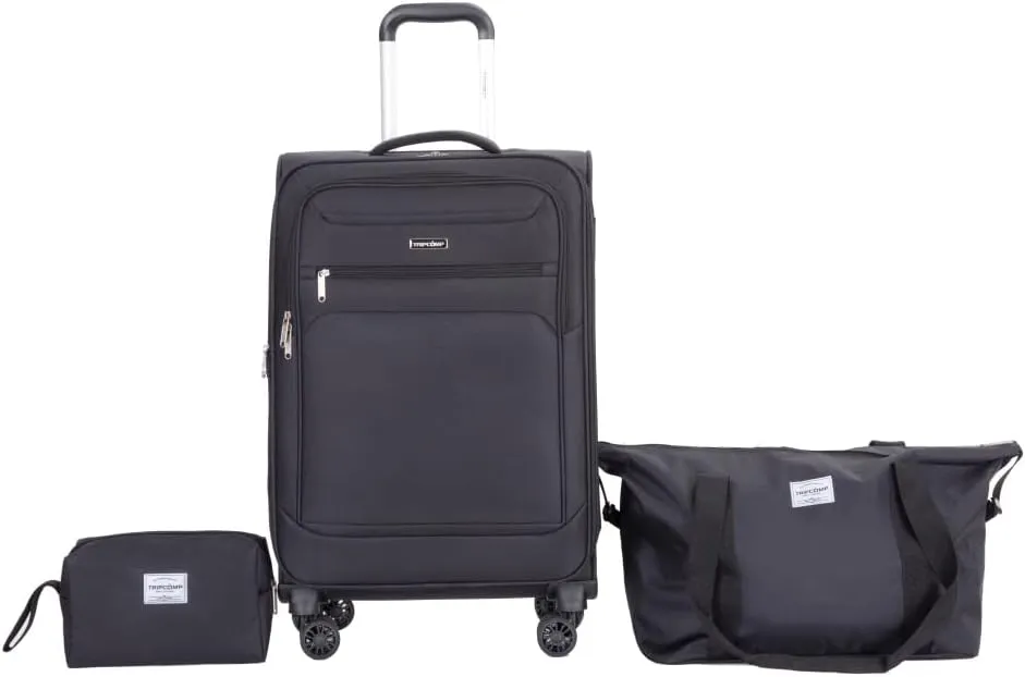 3-Piece Travel Set (18" Carry-On   Backpack   Toiletry Bag) - Lightweight Terylene Softshell Luggage with Spinner Wheels - Airline Approved Underseat Suitcase (Black   Polyester)