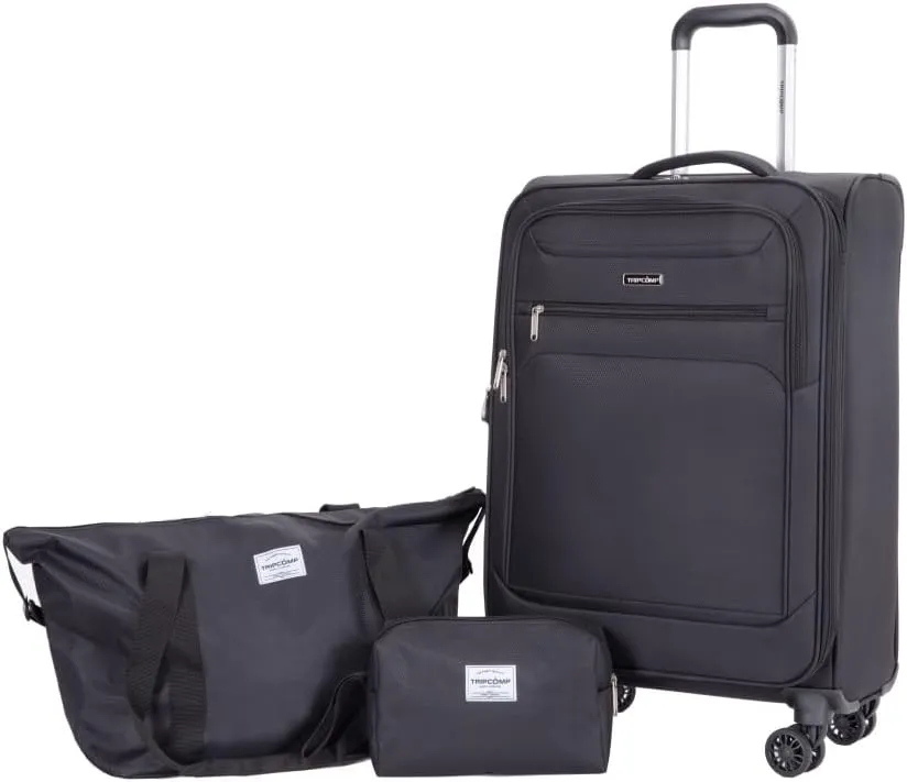 3-Piece Travel Set (18" Carry-On   Backpack   Toiletry Bag) - Lightweight Terylene Softshell Luggage with Spinner Wheels - Airline Approved Underseat Suitcase (Black   Polyester)