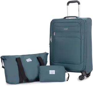 3-Piece Travel Set (18" Carry-On   Backpack   Toiletry Bag) - Lightweight Terylene Softshell Luggage with Spinner Wheels - Airline Approved Underseat Suitcase (Dark Green   Polyester)