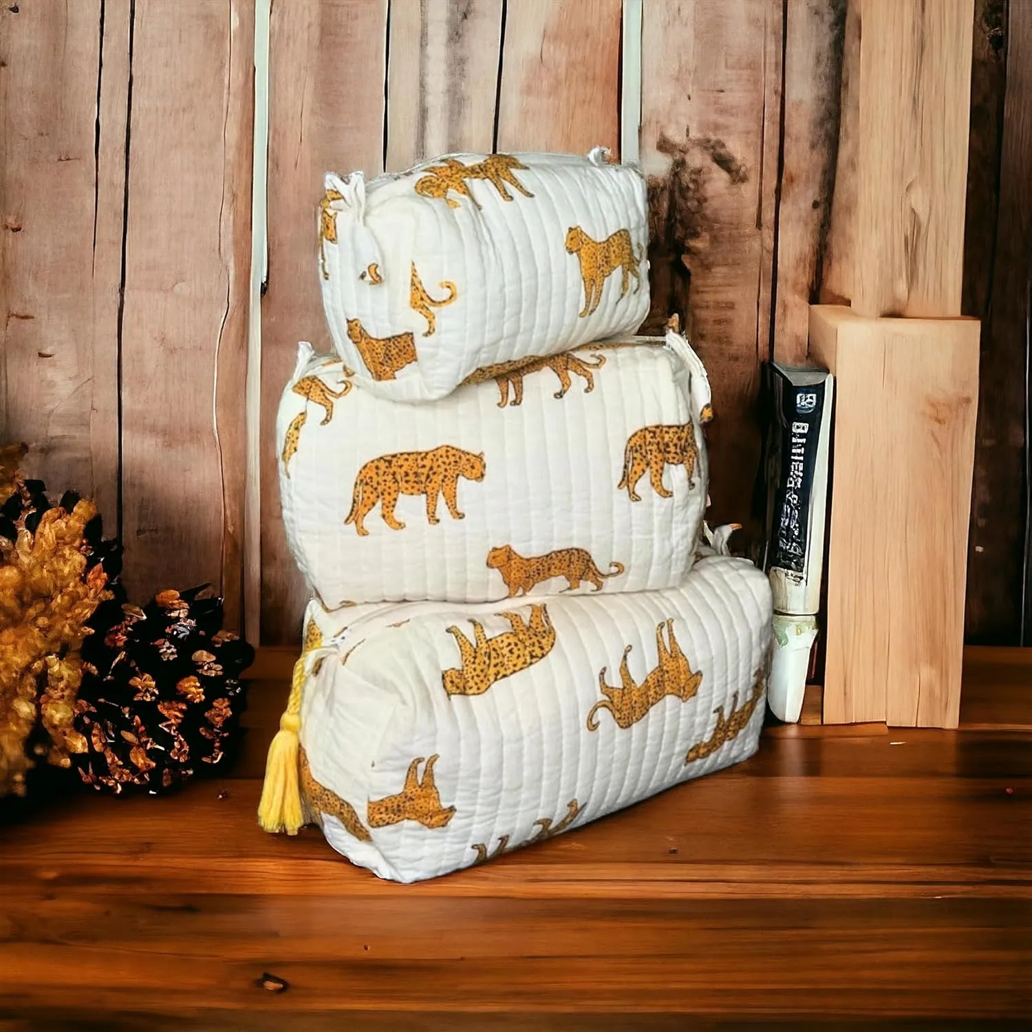 3 Pieces Block Printed Travel Organizer Kit Storage Bag for Women Makeup Bag Travel Cosmetic Bag (DESIGN 17)