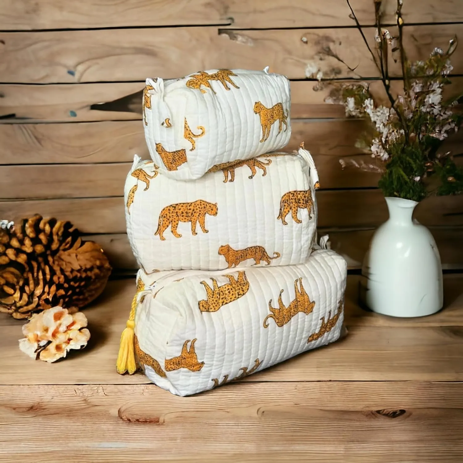 3 Pieces Block Printed Travel Organizer Kit Storage Bag for Women Makeup Bag Travel Cosmetic Bag (DESIGN 17)