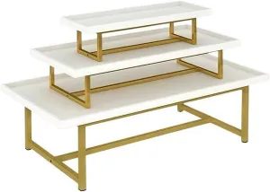 3-Tier Wooden Display Table with Metal Frame, Industrial Merchandising Fixture for Cosmetics, Clothing, or Boutique Products (No Ornaments)(White,S:47.2" x 35.4")
