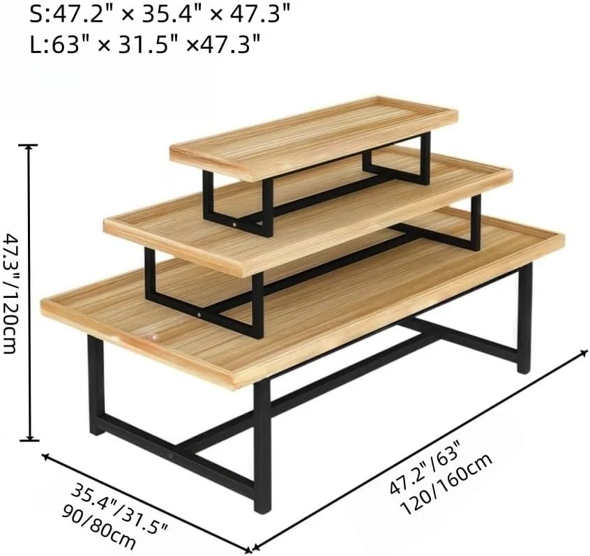 3-Tier Wooden Display Table with Metal Frame, Industrial Merchandising Fixture for Cosmetics, Clothing, or Boutique Products (No Ornaments)(White,S:47.2" x 35.4")
