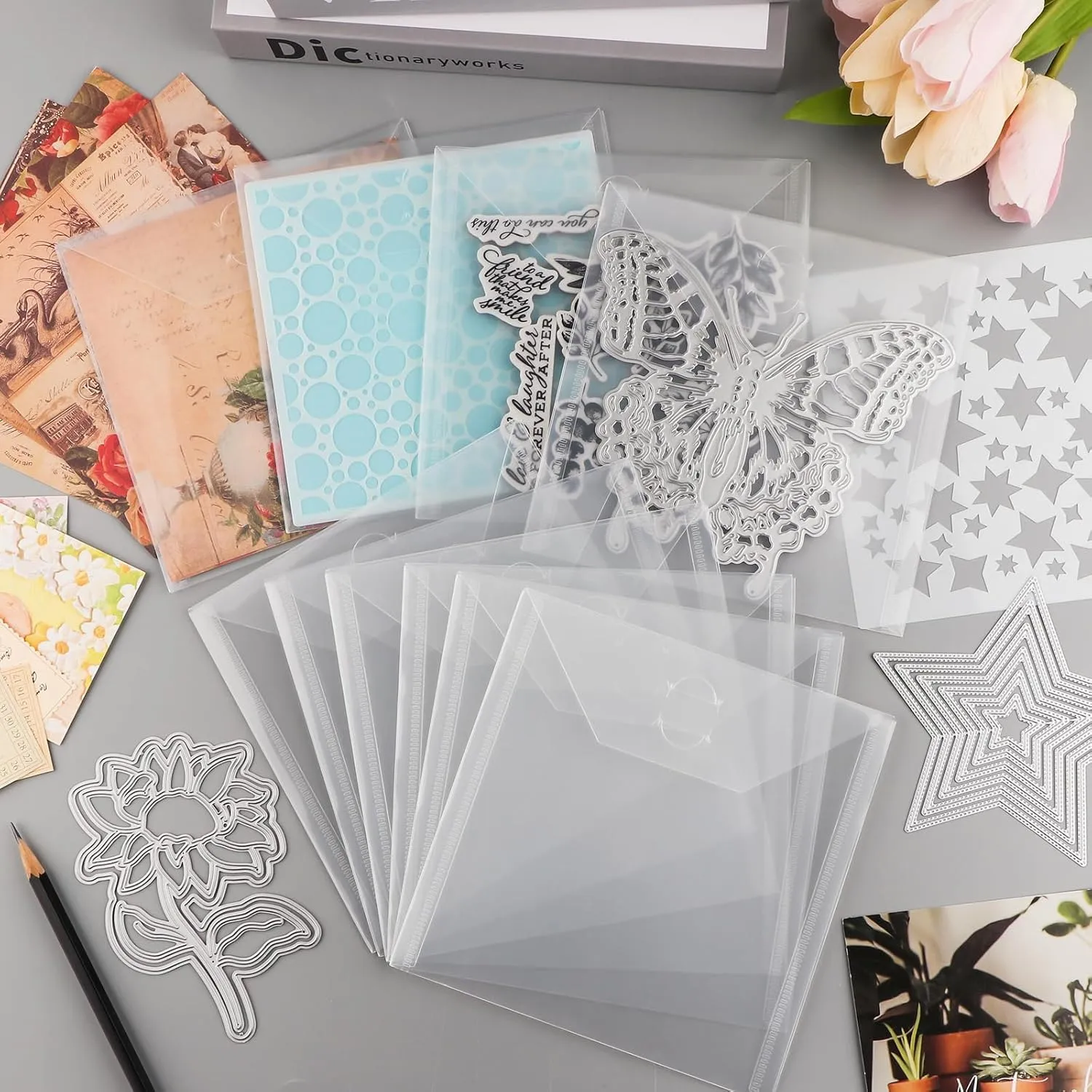 30Pieces Clear Die & Stamp Plastic Storage Bag, 3Size Resealable Large Envelope Pocket for DIY Scrapbooking Paper Card Craft Making and Cutting Dies Stencil (7.1"x5.1";6.4"x6.4";4.75"x4.75")