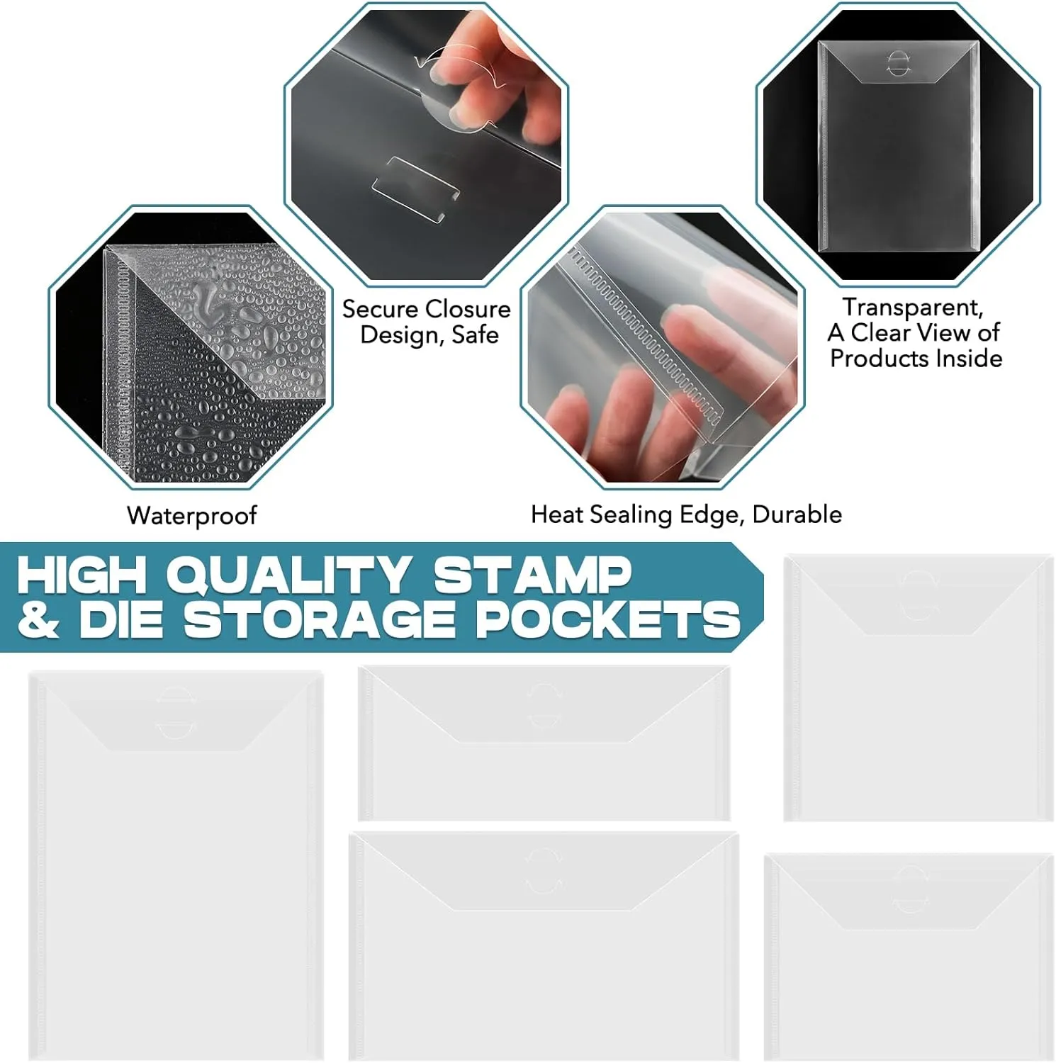 30Pieces Clear Die & Stamp Plastic Storage Bag, 3Size Resealable Large Envelope Pocket for DIY Scrapbooking Paper Card Craft Making and Cutting Dies Stencil (7.1"x5.1";6.4"x6.4";4.75"x4.75")