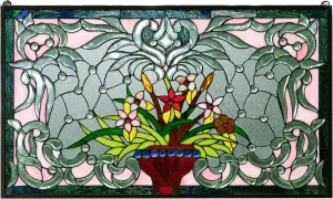 34.5" x 20.5" Handcrafted Hanging Stained Glass Clear Window Panel Pink Flower Pot.