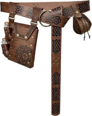 3PCs Alchemy Belt Bag Set, Vintage Embossed Belt with Fantasy belt Pouch Dice Bag, Medieval accessories for Ren Faire (Brown A)
