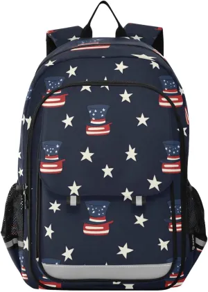 4th Of July Hat Backpack for Boys Girls Elementary School Bag Kids Bookbag Travel Rucksack With Reflective Stripes