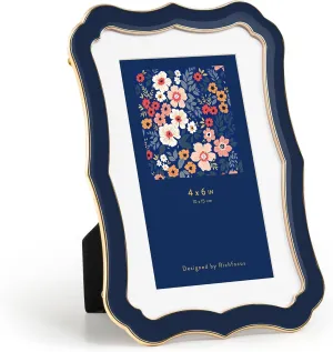 4x6 Enamel Picture Frame with HD-Tempered Glass, Display 3x5 Photo with Mat, Ornate Photo Frame with Metal Edge & Velvet Back for Tabletop & Wall Mount Vertically or Horizontally Display, Navy Blue
