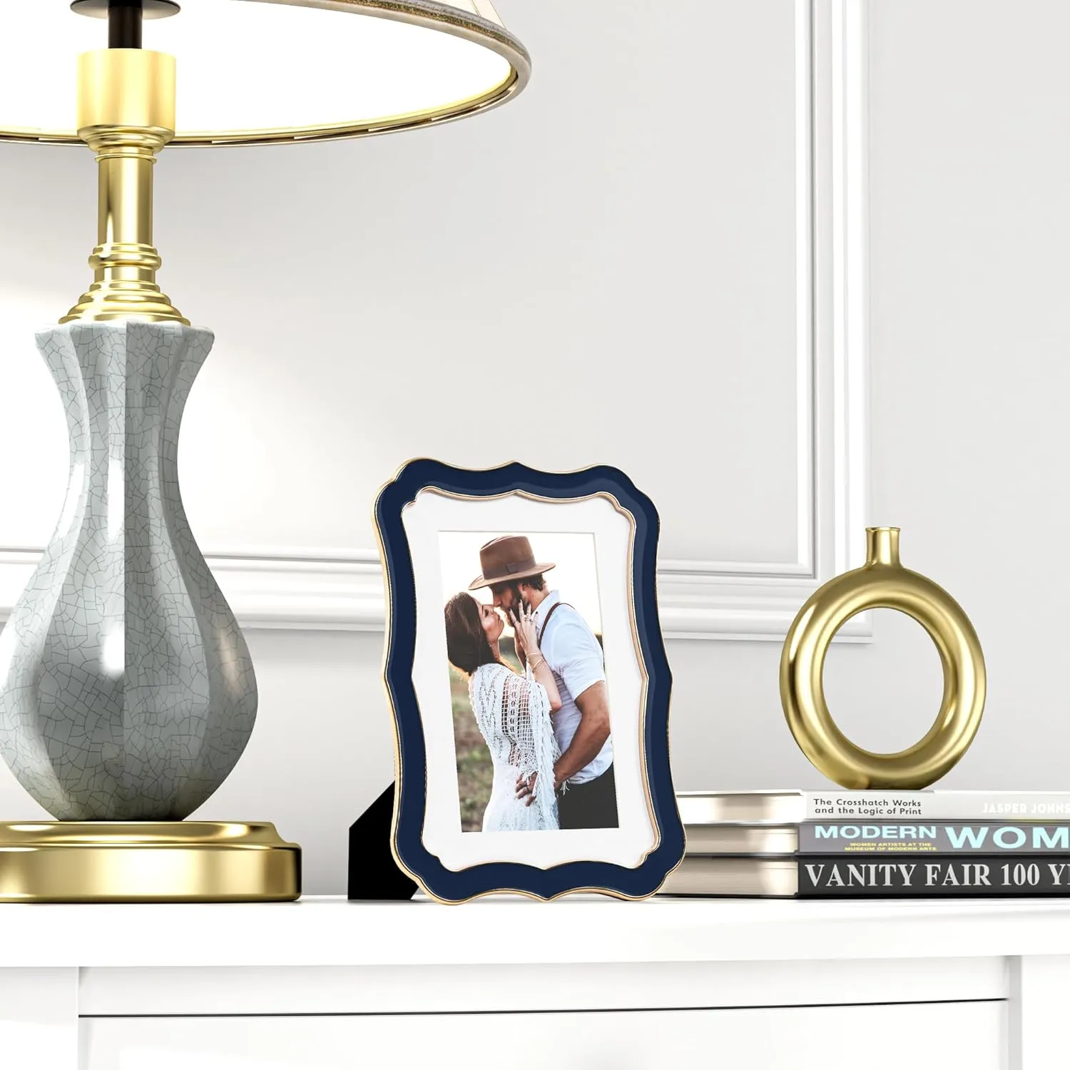 4x6 Enamel Picture Frame with HD-Tempered Glass, Display 3x5 Photo with Mat, Ornate Photo Frame with Metal Edge & Velvet Back for Tabletop & Wall Mount Vertically or Horizontally Display, Navy Blue