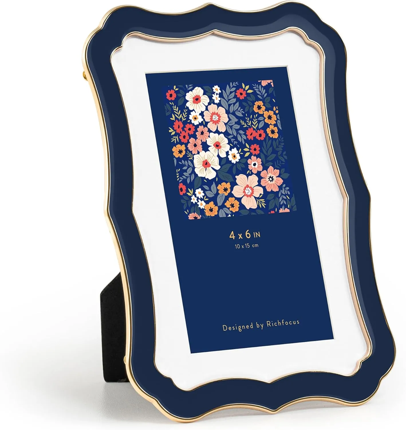 4x6 Enamel Picture Frame with HD-Tempered Glass, Display 3x5 Photo with Mat, Ornate Photo Frame with Metal Edge & Velvet Back for Tabletop & Wall Mount Vertically or Horizontally Display, Navy Blue
