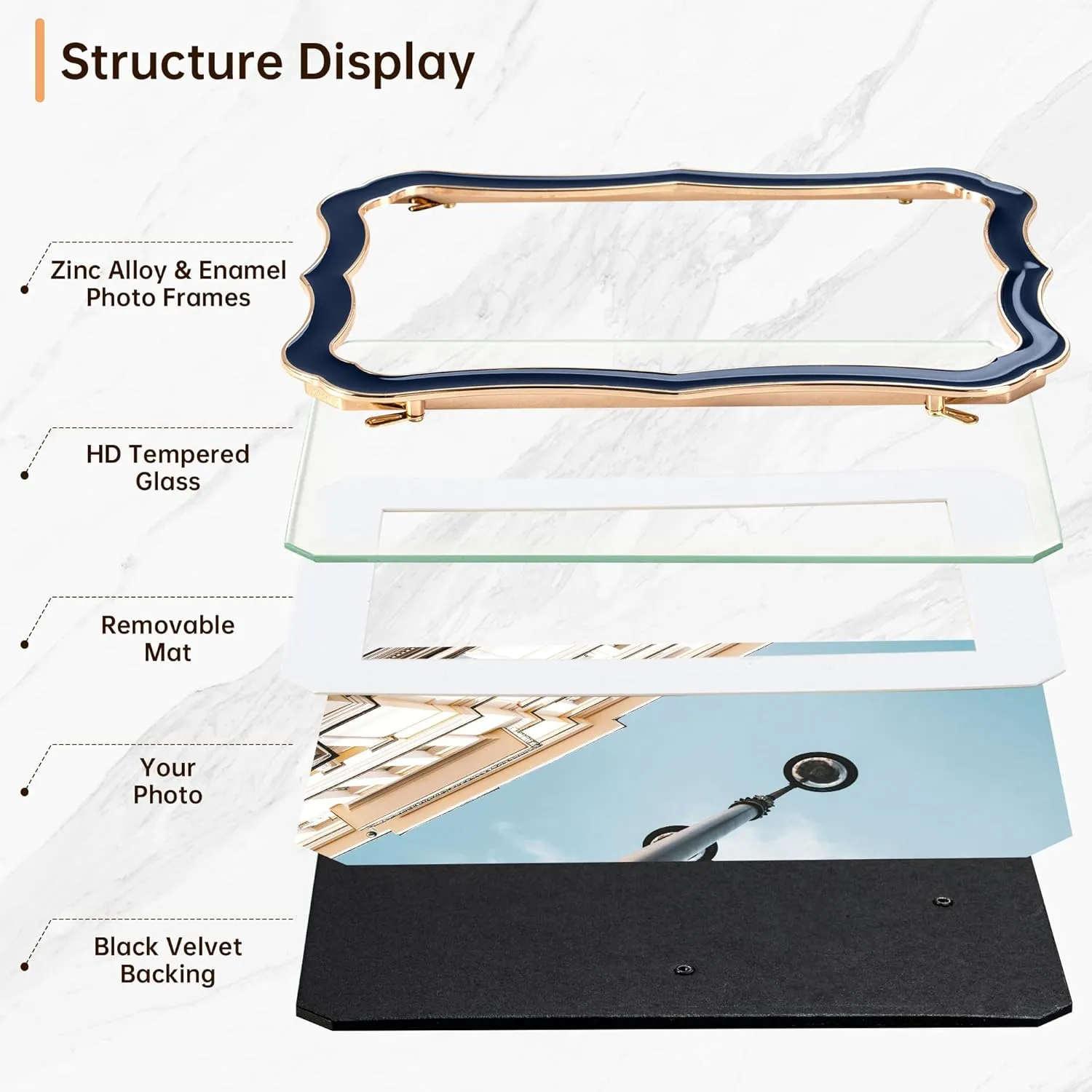 4x6 Enamel Picture Frame with HD-Tempered Glass, Display 3x5 Photo with Mat, Ornate Photo Frame with Metal Edge & Velvet Back for Tabletop & Wall Mount Vertically or Horizontally Display, Navy Blue