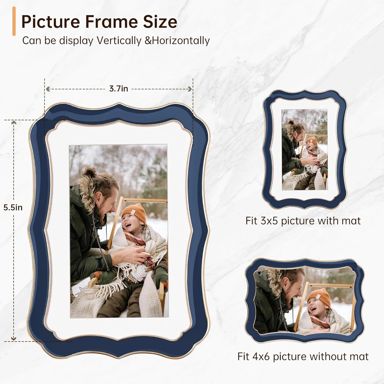 4x6 Enamel Picture Frame with HD-Tempered Glass, Display 3x5 Photo with Mat, Ornate Photo Frame with Metal Edge & Velvet Back for Tabletop & Wall Mount Vertically or Horizontally Display, Navy Blue