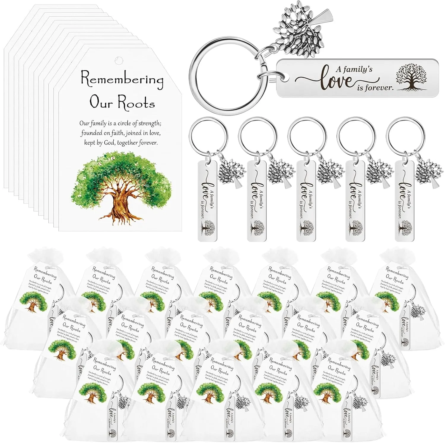 50 Sets Family Reunion Favors Tree Keychains with Card and Bags Reunion Gift for Family Day