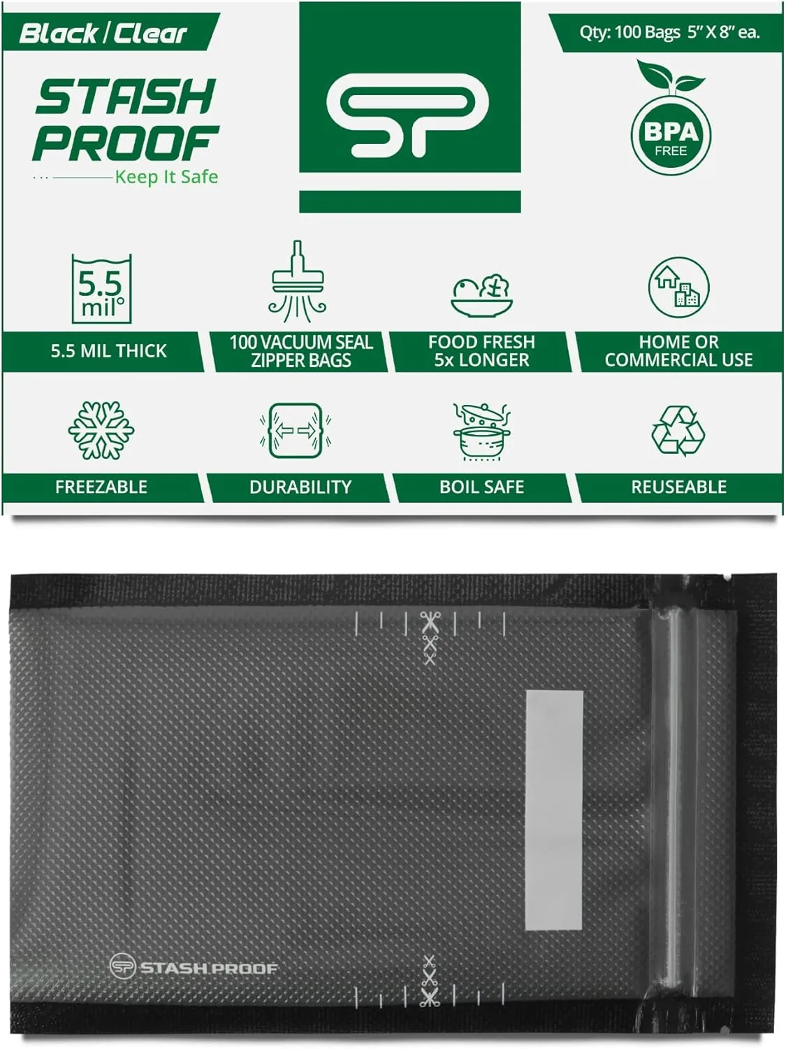 5" x 8" Recloseable Zip Storage Bag (Black and Clear) (100 Count) 5.5 Mil Durable - BPA Free Commerical Food Grade Reusable Resealable Zipper Vacuum Seal