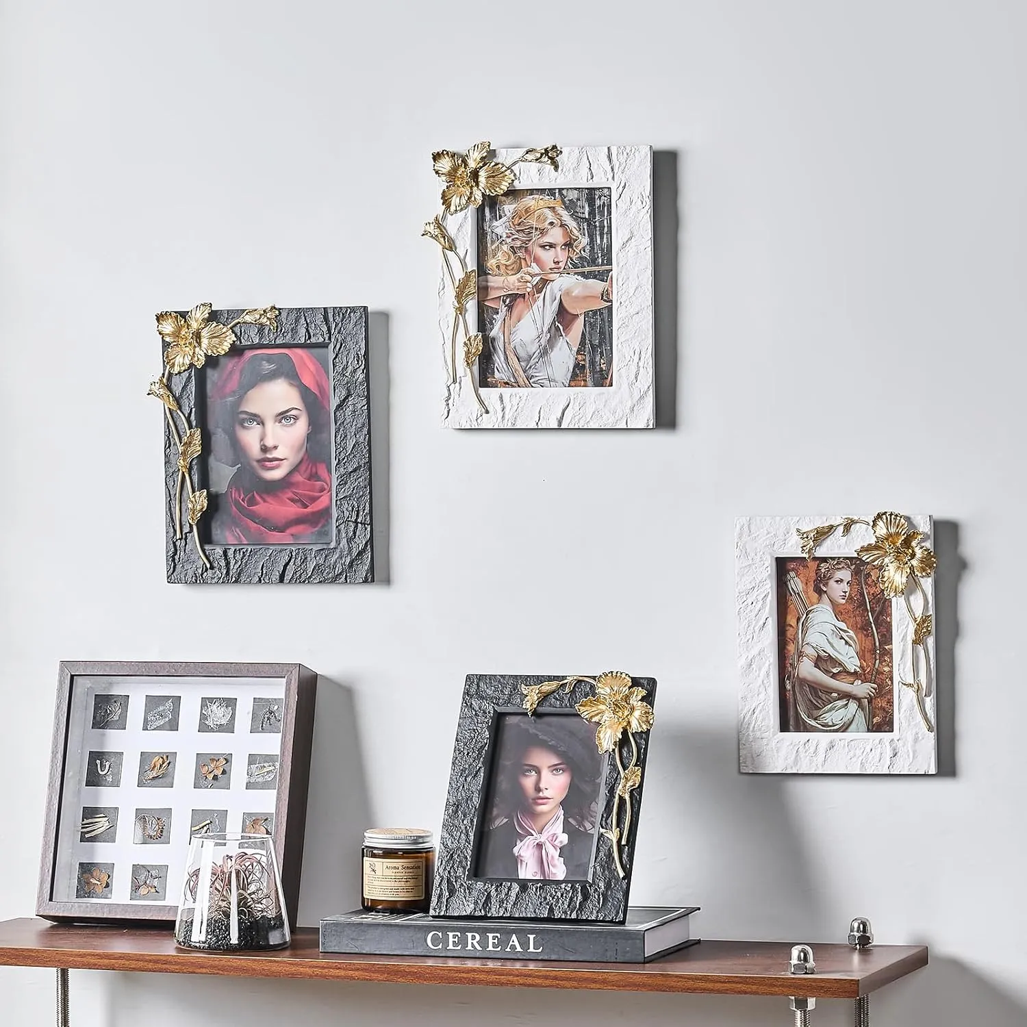 5x7 Gold Iris Picture Frame, Ornate Hand-Crafted Resin Flower Photo Frame with Easel, Hook & Mat, for Table Top & Wall Gallery White Frames