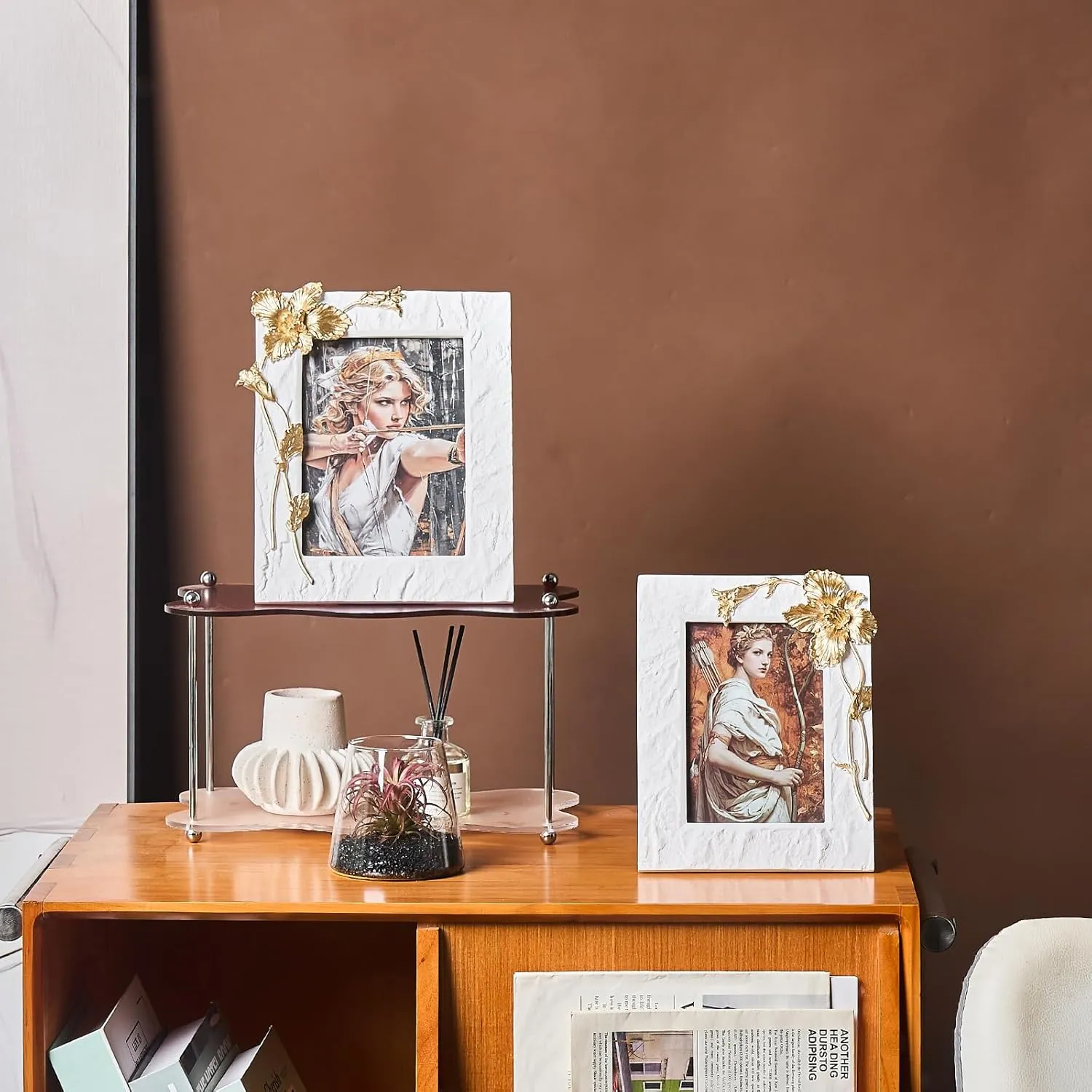 5x7 Gold Iris Picture Frame, Ornate Hand-Crafted Resin Flower Photo Frame with Easel, Hook & Mat, for Table Top & Wall Gallery White Frames