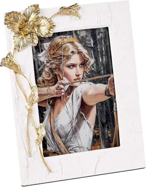 5x7 Gold Iris Picture Frame, Ornate Hand-Crafted Resin Flower Photo Frame with Easel, Hook & Mat, for Table Top & Wall Gallery White Frames