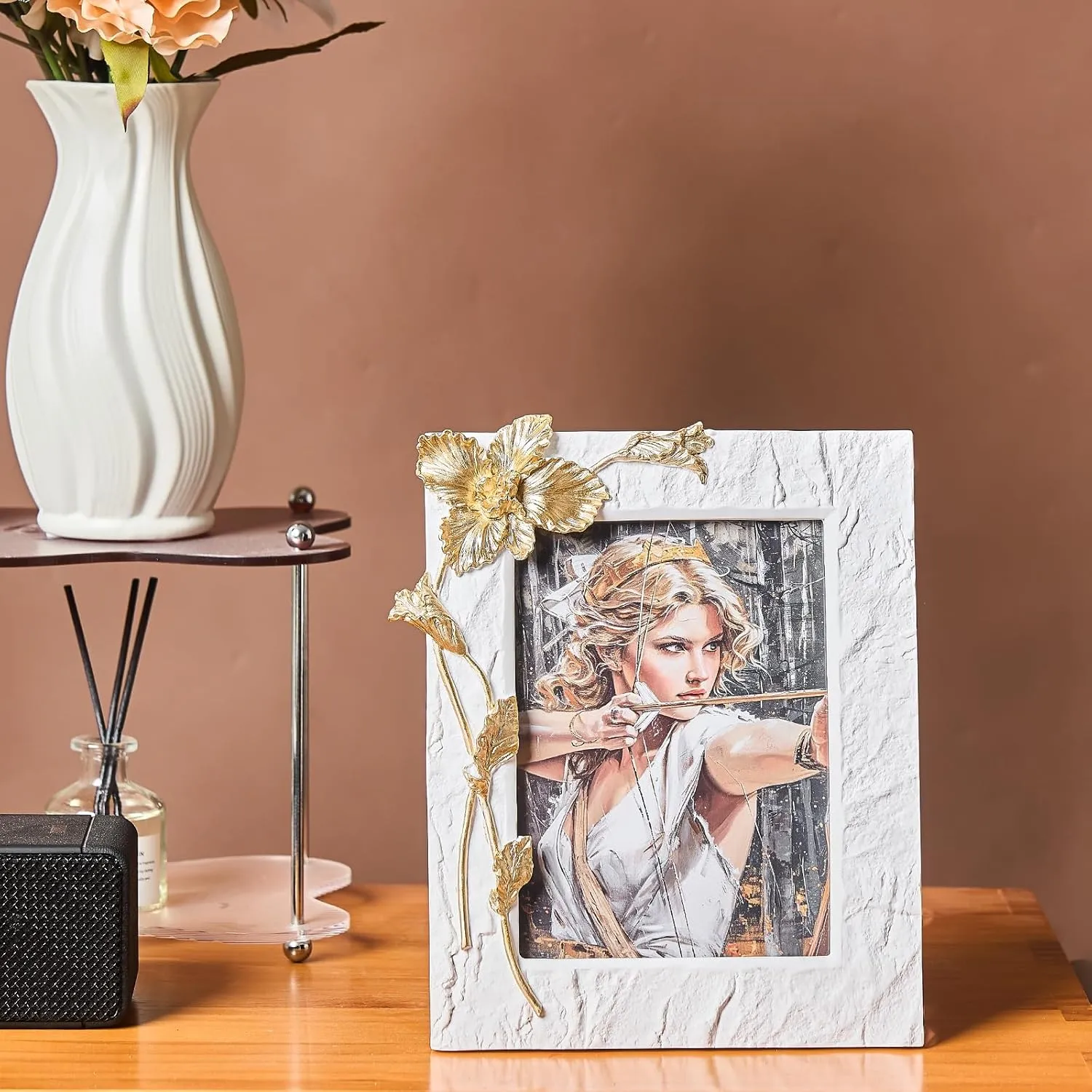 5x7 Gold Iris Picture Frame, Ornate Hand-Crafted Resin Flower Photo Frame with Easel, Hook & Mat, for Table Top & Wall Gallery White Frames