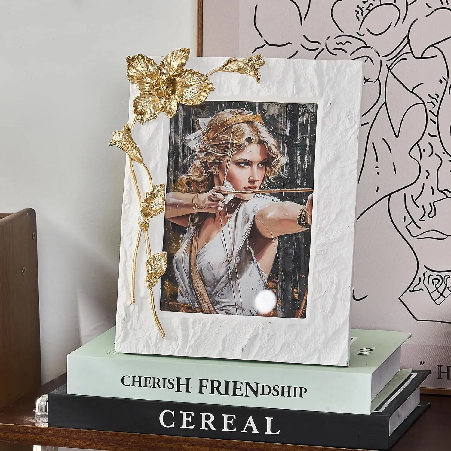 5x7 Gold Iris Picture Frame, Ornate Hand-Crafted Resin Flower Photo Frame with Easel, Hook & Mat, for Table Top & Wall Gallery White Frames