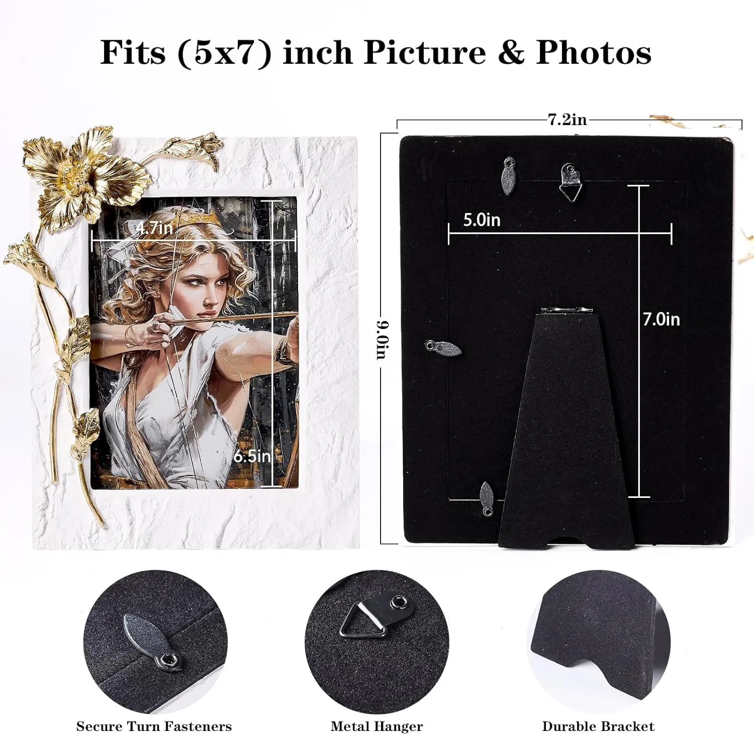 5x7 Gold Iris Picture Frame, Ornate Hand-Crafted Resin Flower Photo Frame with Easel, Hook & Mat, for Table Top & Wall Gallery White Frames