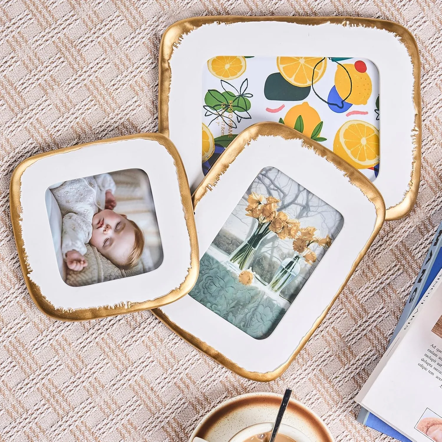 5x7 Picture Frame, Ornate Photo Frame White & Gold, Hand-Crafted Resin Table Top Frame, Hanging Frames with Easel, Hook & Mat, for Home Decor & Wall Gallery Art