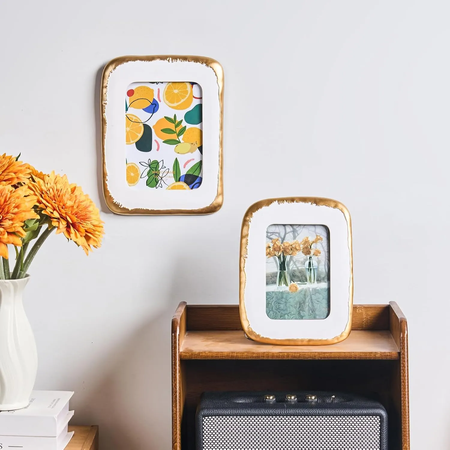 5x7 Picture Frame, Ornate Photo Frame White & Gold, Hand-Crafted Resin Table Top Frame, Hanging Frames with Easel, Hook & Mat, for Home Decor & Wall Gallery Art