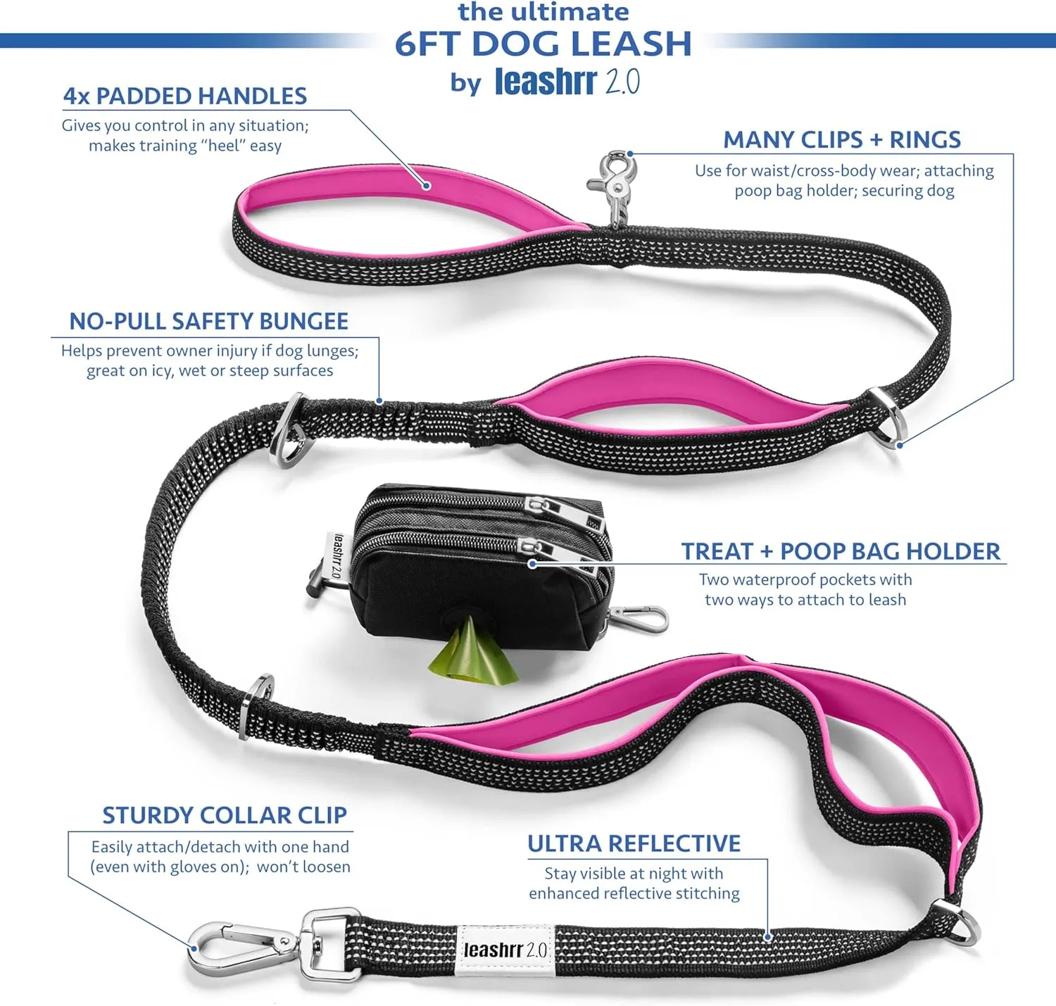 6 ft. Bungee Dog Leash - Heavy Duty, 4 Traffic Handles, Mighty Carabiner Clip   Multi-Use Rings, Poop Bag Holder w/Treat Pouch, Ultra Reflective, No Tug, No Pull for Large Dogs Leashrr 2.0 (Hot Pink)