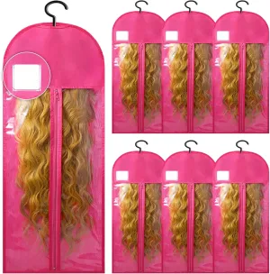 6Pcs Extra Long Wig Storage Bags with Hanger Hair Extension Wig Storage Hanger Bags for Multiple Wigs with Tags Organizer Dust-Proof Wigs Bag Home Travel Closet Wigs & Accessories (Pink 31.5in)