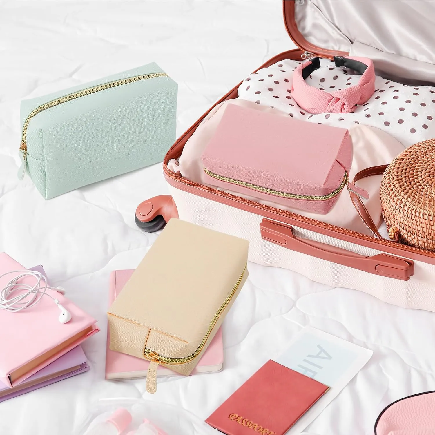 8 Pcs Makeup Bag Pu Leather Cosmetic Pouch Waterproof Small Toiletry Bag Portable Cosmetic Organizer Water Resistant Storage Purse for Lady Women Daily Storage Travel Organizer (Gentle,Medium)