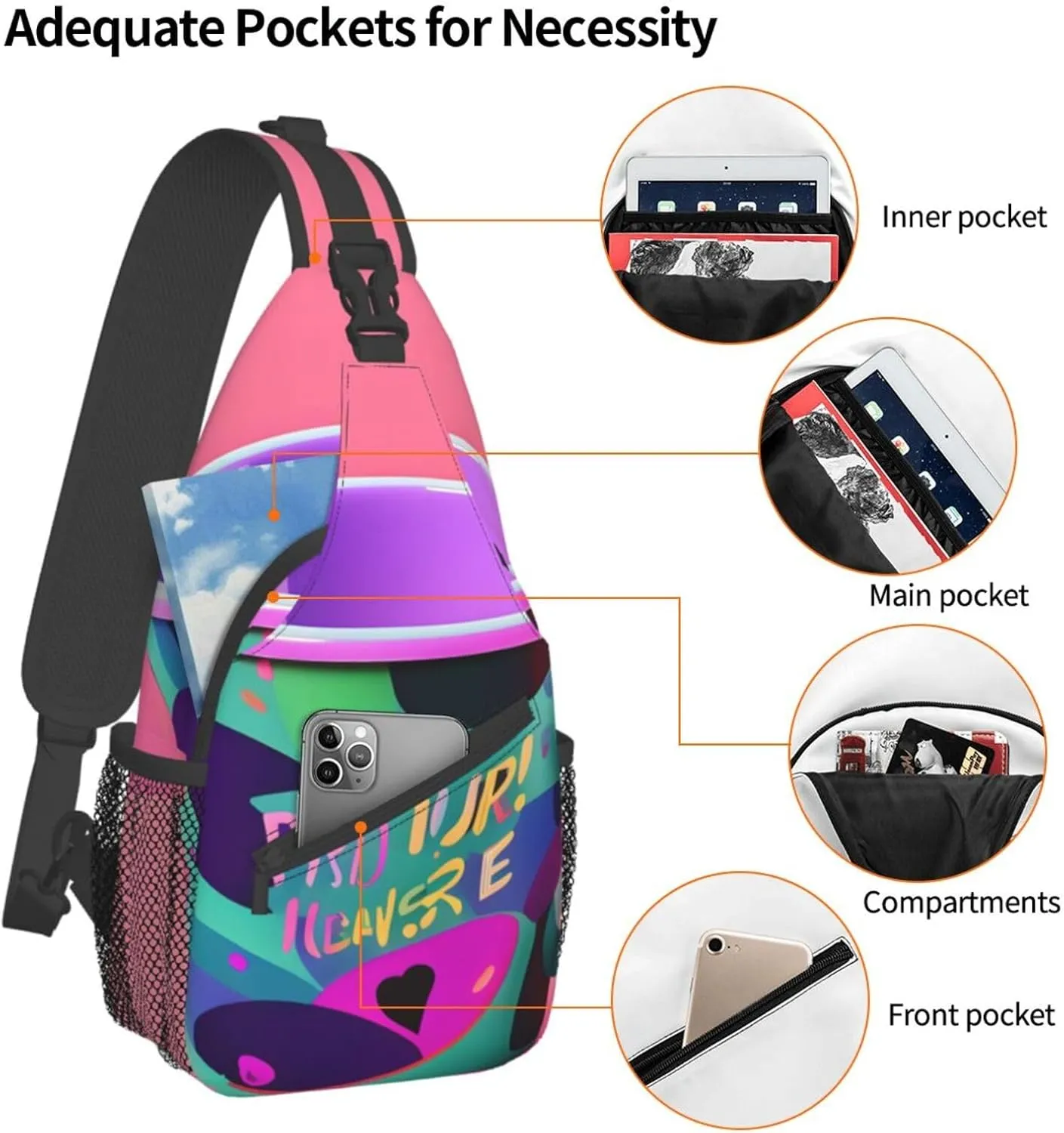 90's Cup Design Print Sling Backpack, Sling Bag, Crossbody Chest Bag Daypack, for Hiking Travel