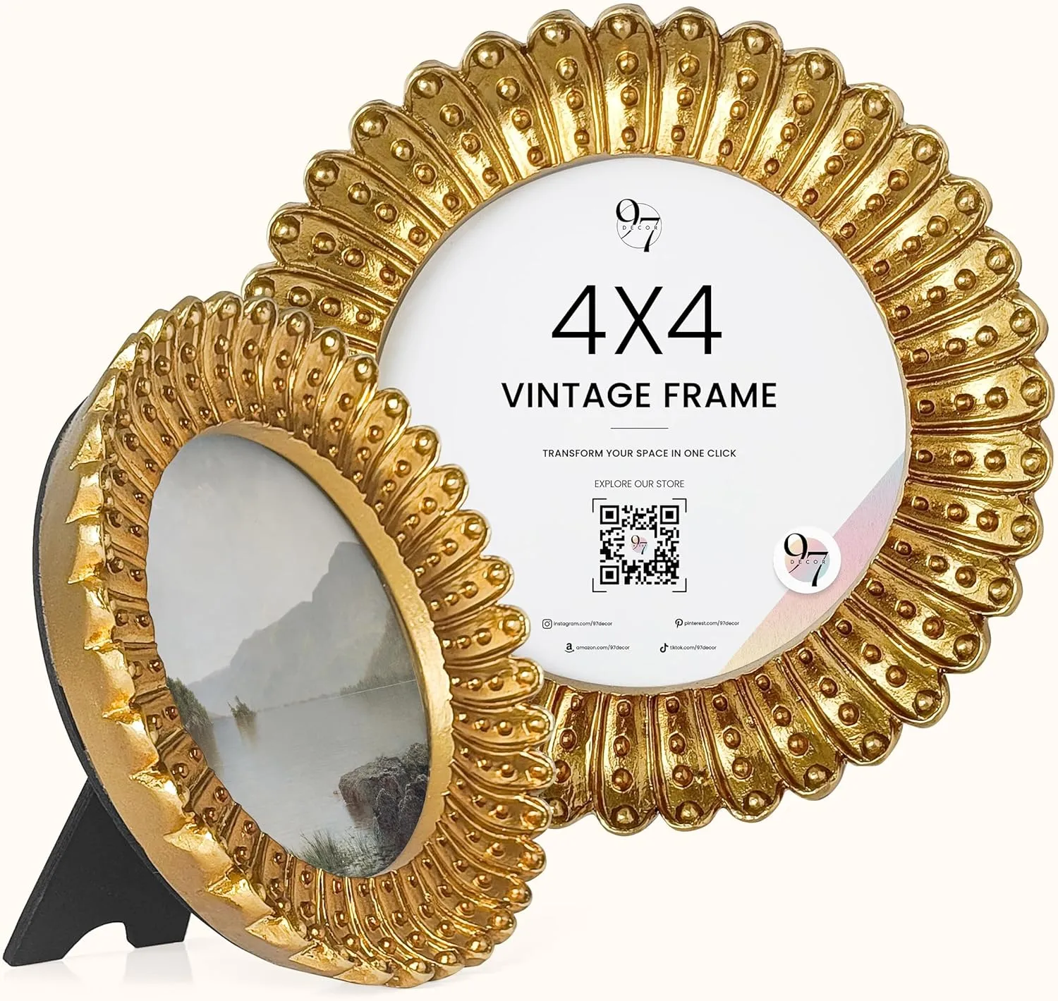 97 Decor Mini 4x4 Round Picture Frame - Circle 4x4 Picture Frame Gold, Small Gold Frames 4 Inch For Wall Hanging Antique Home Decor