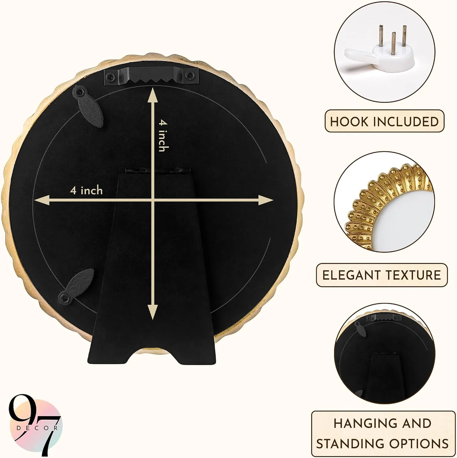 97 Decor Mini 4x4 Round Picture Frame - Circle 4x4 Picture Frame Gold, Small Gold Frames 4 Inch For Wall Hanging Antique Home Decor