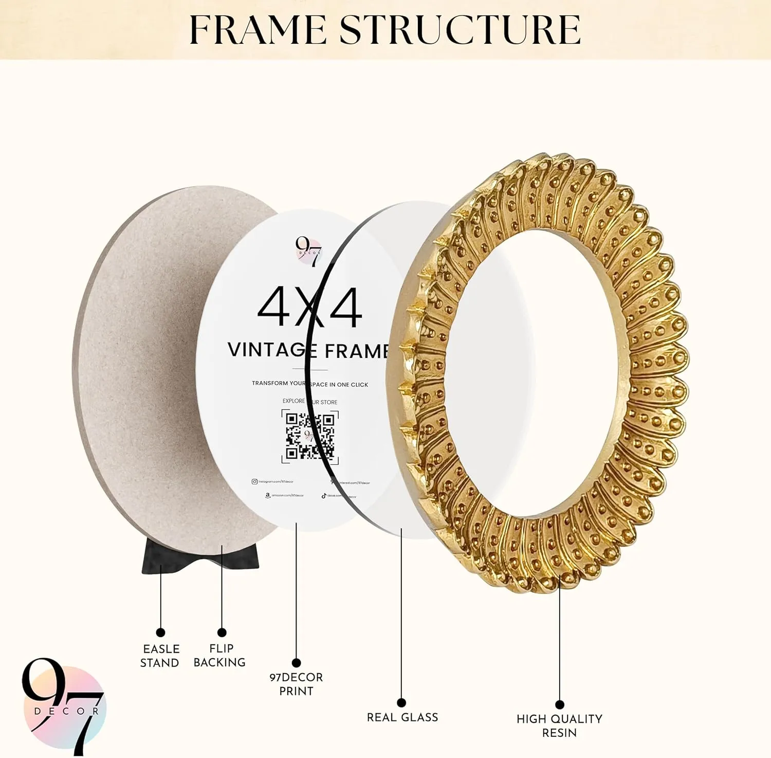 97 Decor Mini 4x4 Round Picture Frame - Circle 4x4 Picture Frame Gold, Small Gold Frames 4 Inch For Wall Hanging Antique Home Decor