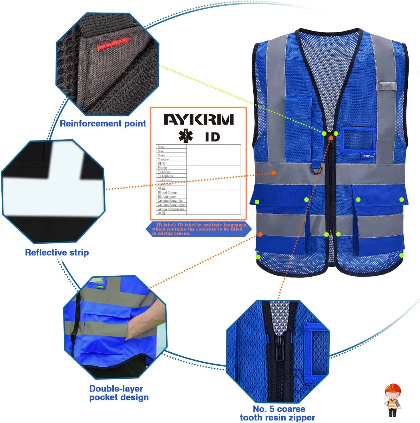 A-SAFETY High Visibility Mesh Safety Reflective Vest with Pockets and Zipper,Hi Viz Work Vest for Men Women (Blue Mesh S)
