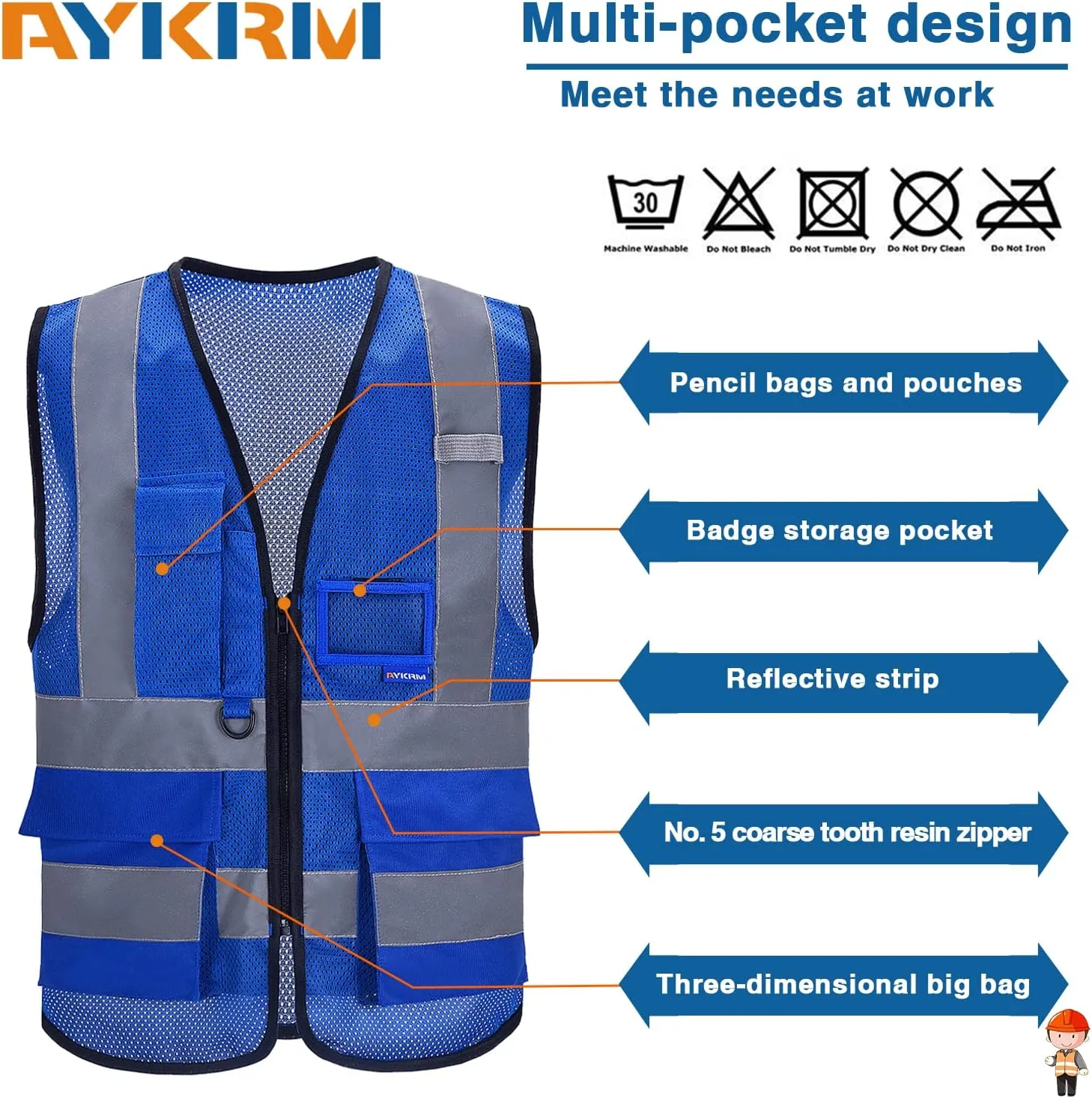 A-SAFETY High Visibility Mesh Safety Reflective Vest with Pockets and Zipper,Hi Viz Work Vest for Men Women (Blue Mesh S)