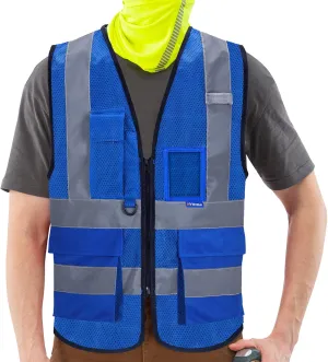 A-SAFETY High Visibility Mesh Safety Reflective Vest with Pockets and Zipper,Hi Viz Work Vest for Men Women (Blue Mesh S)