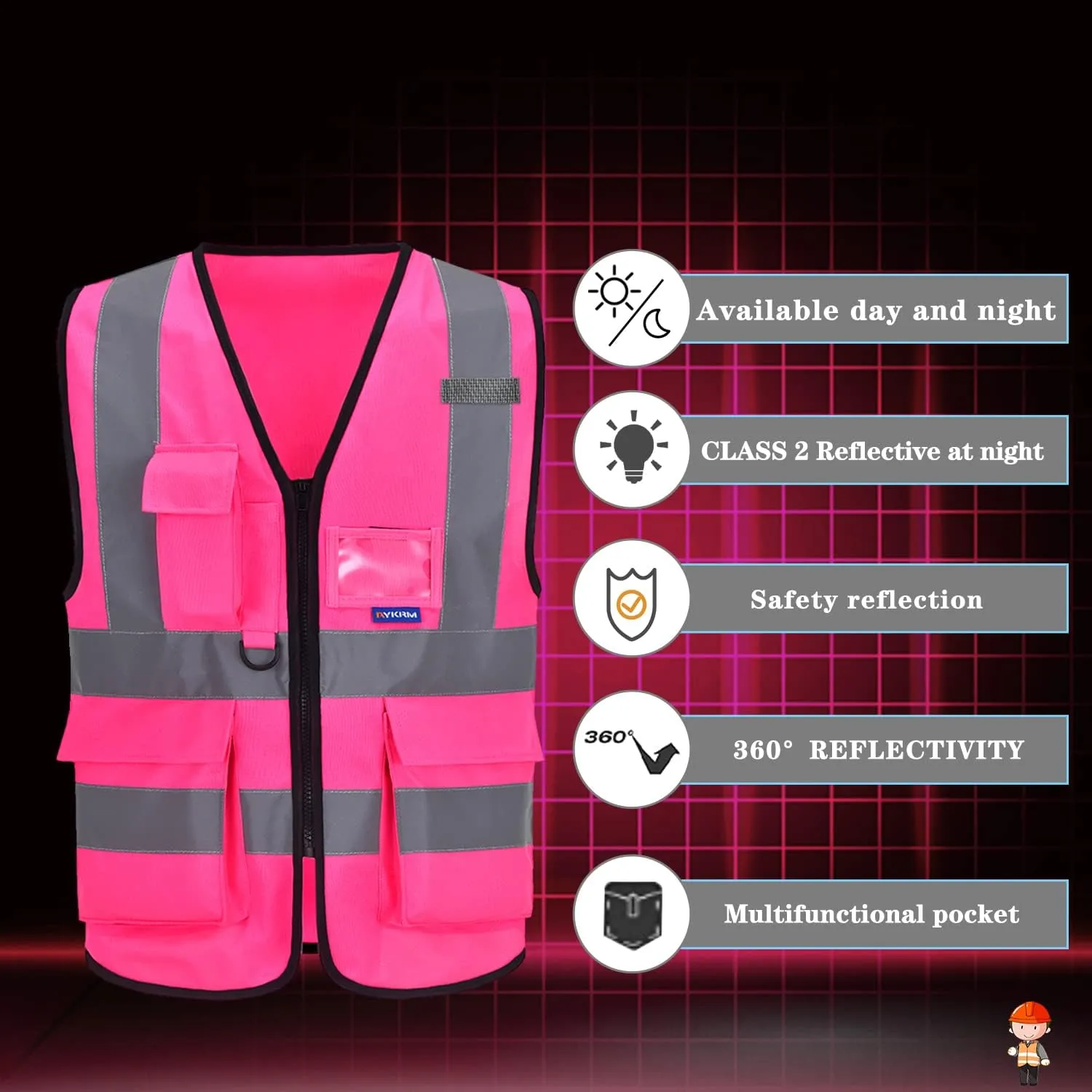 A-SAFETY Pink High Visibility Vest,Reflective Safety Vest Workwear,7 Pockets Hi Vis Durable Vest with Reflective Tapes 4 Lower Pockets,3XL