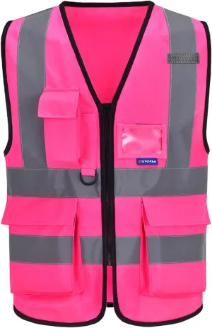A-SAFETY Pink High Visibility Vest,Reflective Safety Vest Workwear,7 Pockets Hi Vis Durable Vest with Reflective Tapes 4 Lower Pockets,3XL