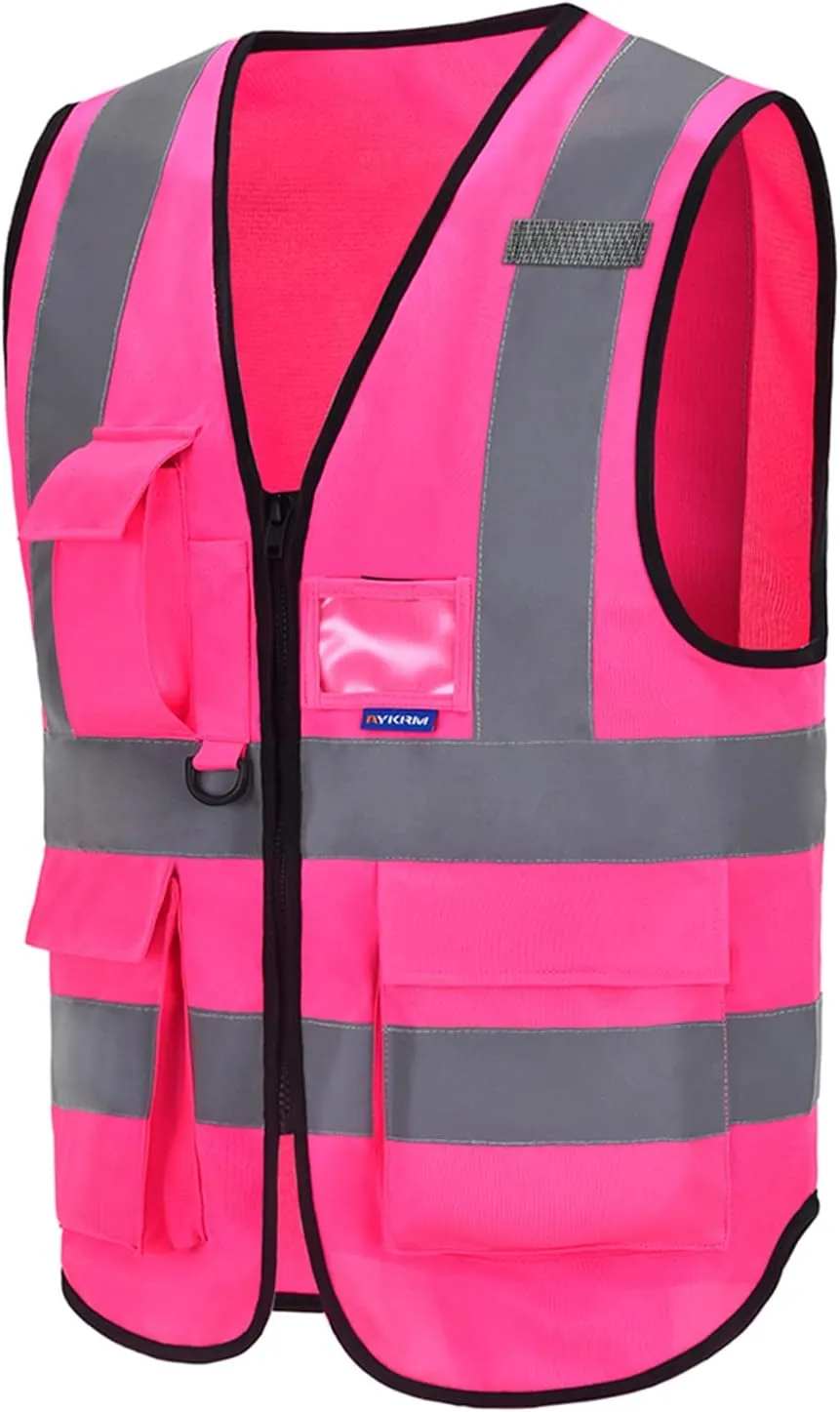 A-SAFETY Pink High Visibility Vest,Reflective Safety Vest Workwear,7 Pockets Hi Vis Durable Vest with Reflective Tapes 4 Lower Pockets,3XL