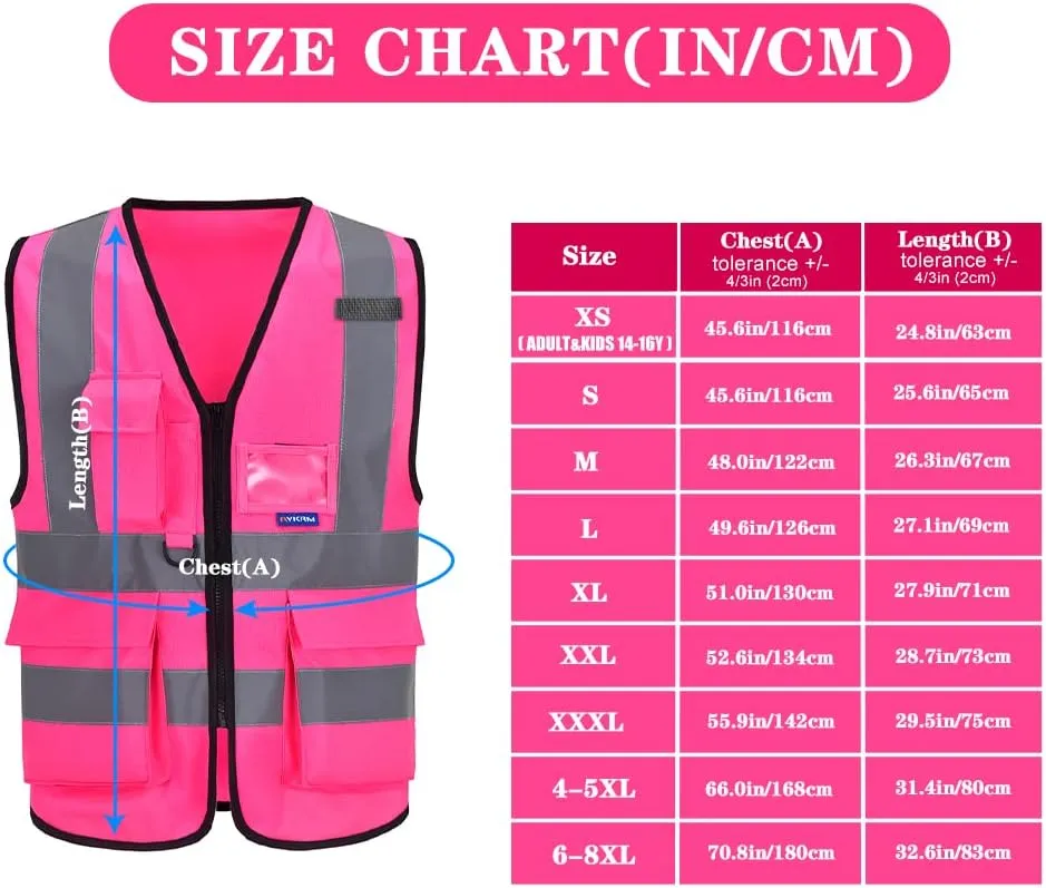 A-SAFETY Pink High Visibility Vest,Reflective Safety Vest Workwear,7 Pockets Hi Vis Durable Vest with Reflective Tapes 4 Lower Pockets,3XL