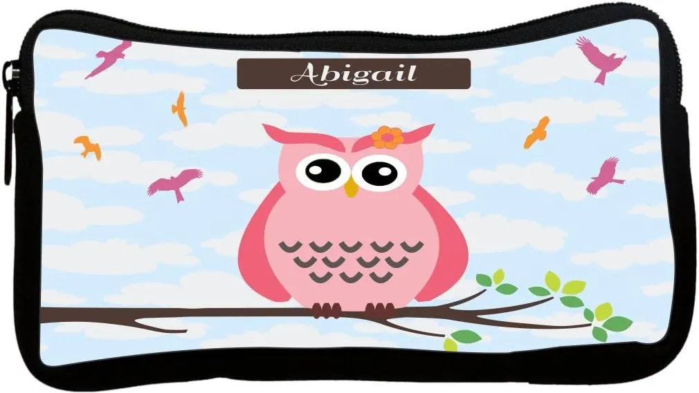 Abigail Name Cute Pink Owl on Branch with Personalized Name Neoprene Pencil Case (dky-Neo-pc25174)
