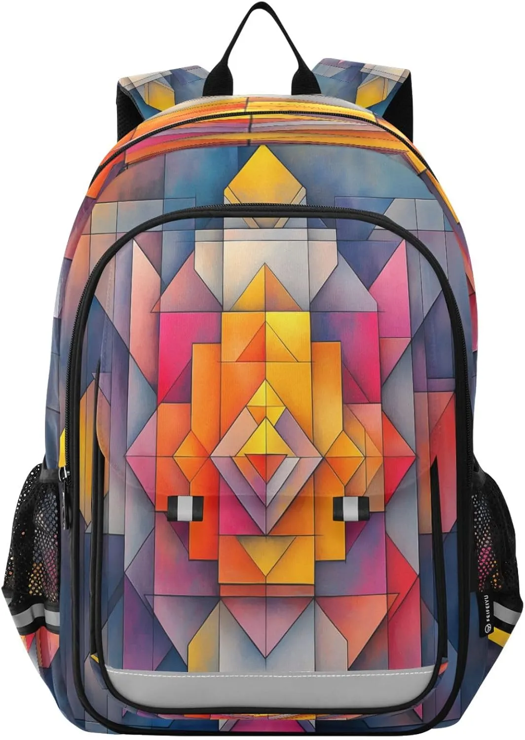 Abstract Geometric Painting with Symmetrical Squares Multi Compartment Student Backpack Reflective Stripes Travel Bag Casual Daypack School Bags for Boys Girls