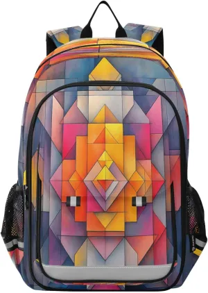 Abstract Geometric Painting with Symmetrical Squares Multi Compartment Student Backpack Reflective Stripes Travel Bag Casual Daypack School Bags for Boys Girls