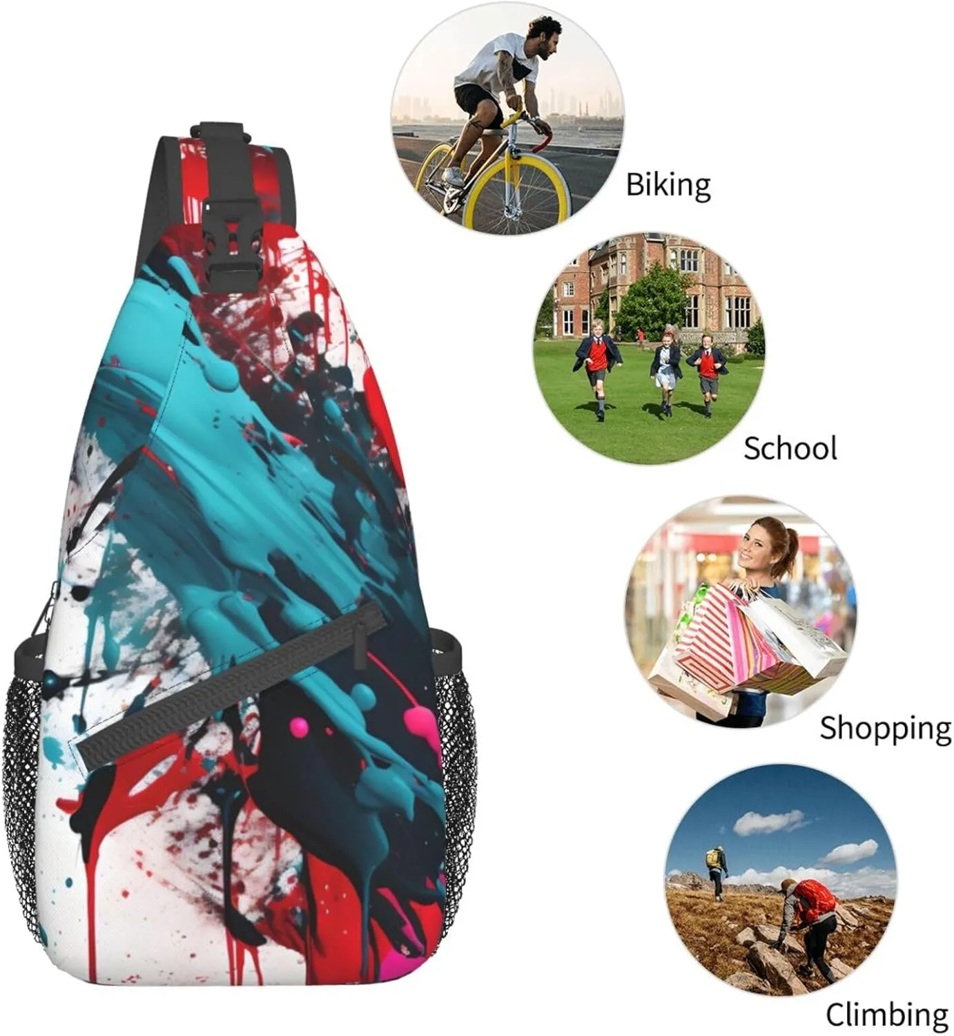Abstract Paint Splashes Print Sling Backpack, Sling Bag, Crossbody Chest Bag Daypack, for Hiking Travel