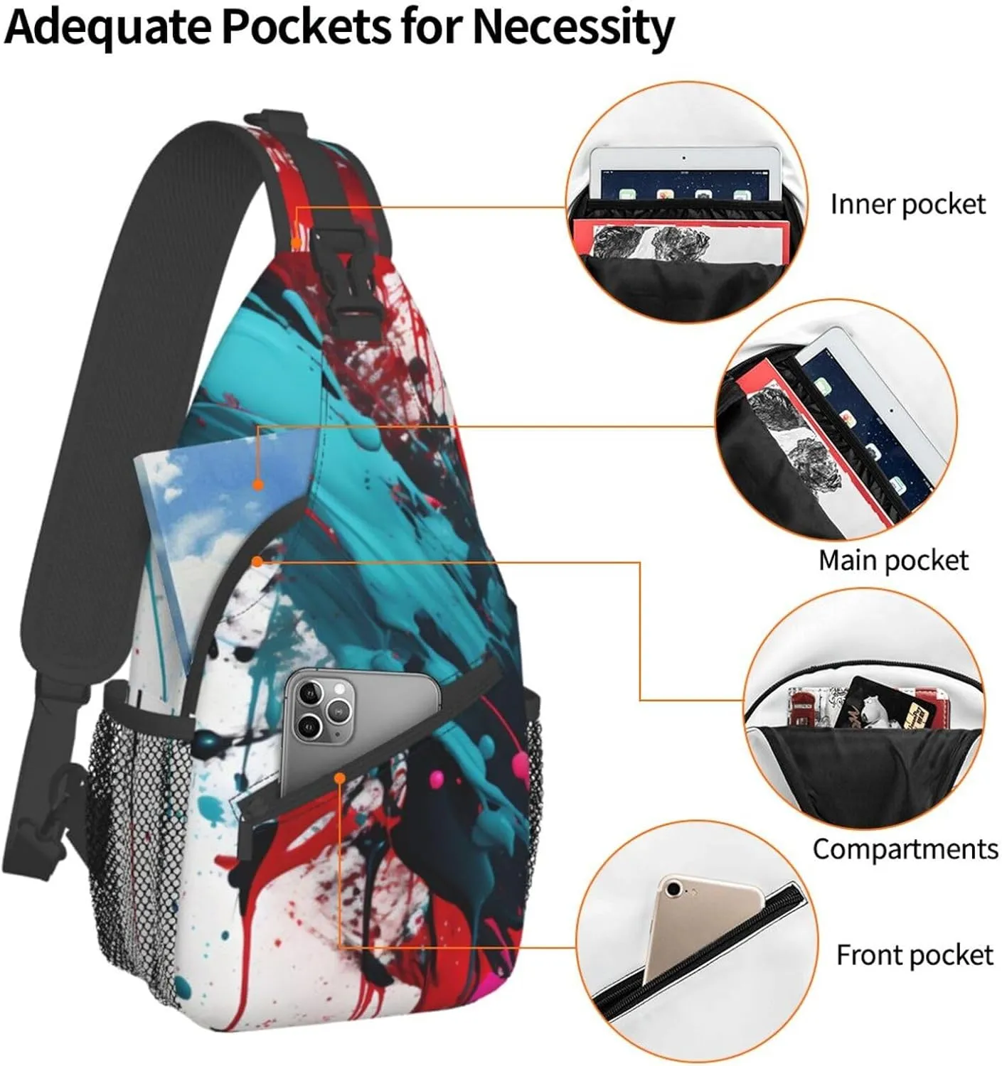 Abstract Paint Splashes Print Sling Backpack, Sling Bag, Crossbody Chest Bag Daypack, for Hiking Travel