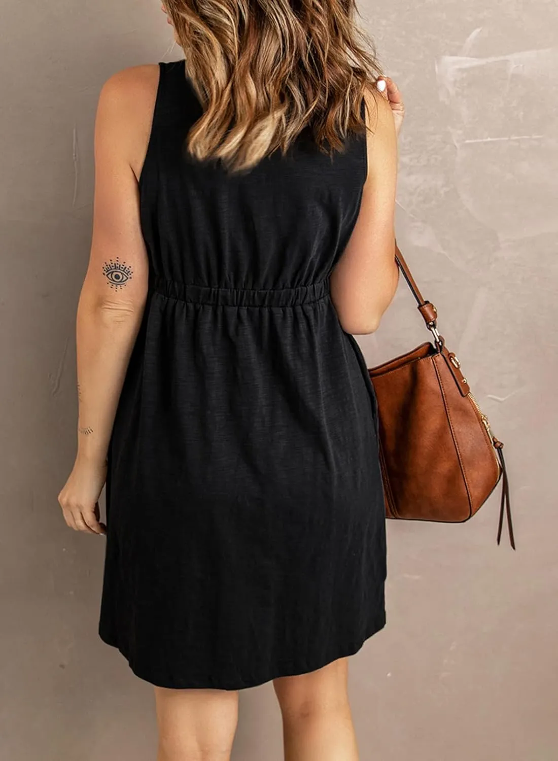 Acelitt Women Summer Casual Sleeveless Button Down Elastic Waist Swing Dresses, XS-2XL
